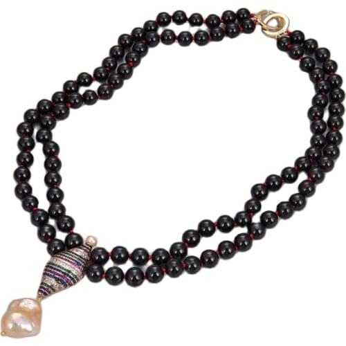 JK 20"-21'' 2 Strands Round Garnet Necklace Pink Keshi Pearl CZ Pendant