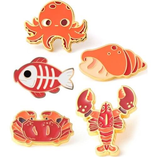 HOSENG 5Pcs/ Lot Luminous Octopus Fish Conch Crab Lobster Fluorescent Ocean Animals Brooch Newest Creative Women Enamel Pin HS_8