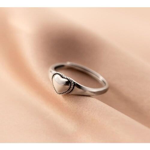 Real 925 Sterling Silver Rings for Women Heart Love Adjustable Ring Wedding Engagement Korean Style Thai Silver Vintage Jewelry