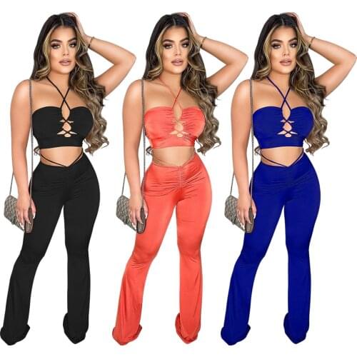 Casual Women Matching Sets Strapless Tank Top + Long Pants Solid Color Streetwear Sportsuit Summer Clothes For Women Outfit