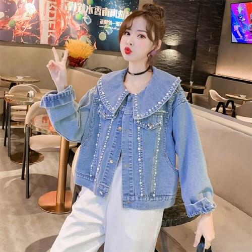 Short Heavy Beaded Denim Jacket Womens 2021 Spring New Korean Fashion Doll Collar Loose Long Sleeve Jeans Jacket Top Female A781