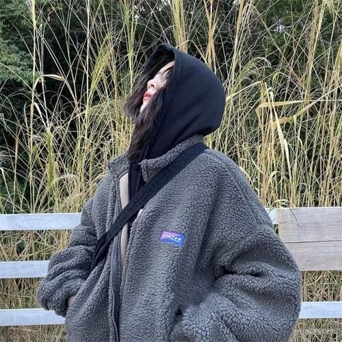 Faux Lamb Wool Grey Loose Coat Women Winter Warm Outwear Korean Bf Hip Hop Y2k Thicken Jackets Ladies Casual Parkas Streetwear