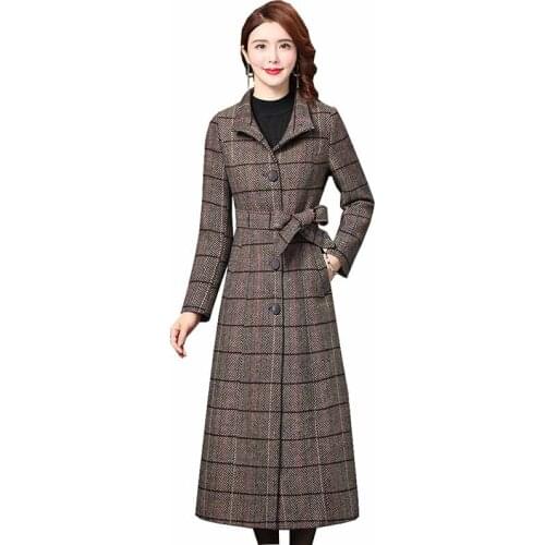 Fashion X-Long Plaid Woolen Coat 2020 Autumn Winter Women Single-Breasted Tops Slim Belt Plus Size Thicken Casual Outwear KW285