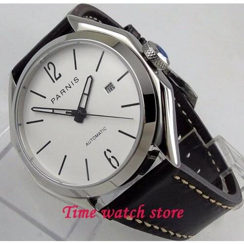 PARNIS 43MM automatic watch men waterproof leather bracelet stainless steel polished white dial date sapphire MIYOTA wrist