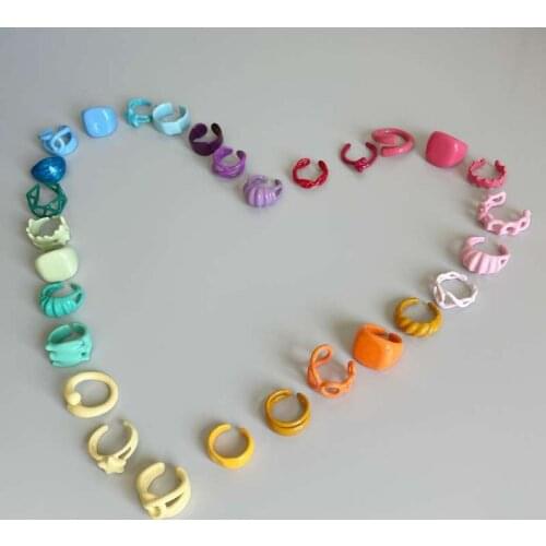 Dvacaman 2021 New Trendy Hand-Painted Candy Color Dripping Oil Geometric Chain Rings Set for Women Colorful Irregular Open Rings