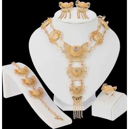 Nigeria Exaggerated Big Necklace Crystal Pendant Earrings Charm Bride Earrings Ring for Women Party Gift Fashion Jewelry Sets