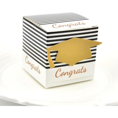 100pcs New Striped White & Black Mortarboard Style Graduation Candy Boxes Bomboniera Gifts Chocolate Box Paper Box Giveaways Box