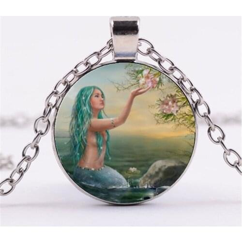 Mermaid Retro Flower Photo Cabochon Glass Chain Necklace,Charm Creative Women Pendants Fashion Jewelry Accessory,Friend Gifts