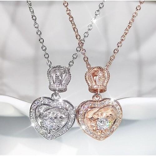 Bling Crown Design Heart Pendant Necklace 925 Sterling Silver Rose Gold Color Choker Statement Necklace Women Silver 925 Jewelry