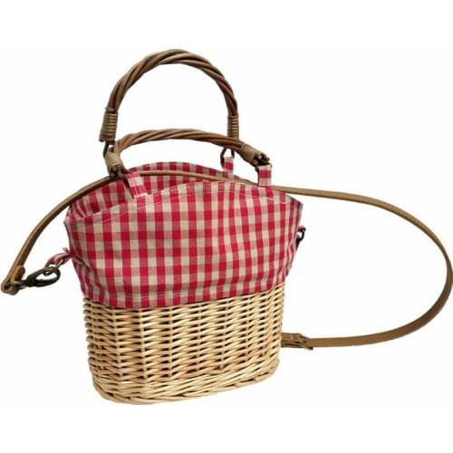 New straw knitting holiday handbag straw rattan red plaid canvas splicing shoulder bag Woven Crossbody Basket bag With Capacity