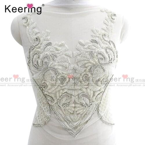 Front and back)Hand-made Silver beads and Rhinestone bodice applique For Wedding Dress WDP-210
