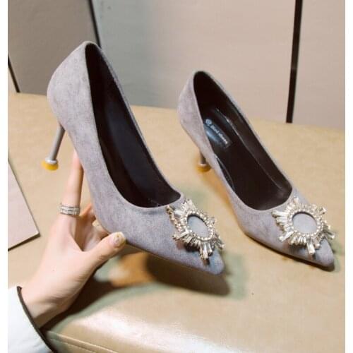 Wedding Shoes Bridesmaid Shoes Female New Thick Heel Shoes Banquet Pointed Square Buckle Rhinestone High Heels W32-48