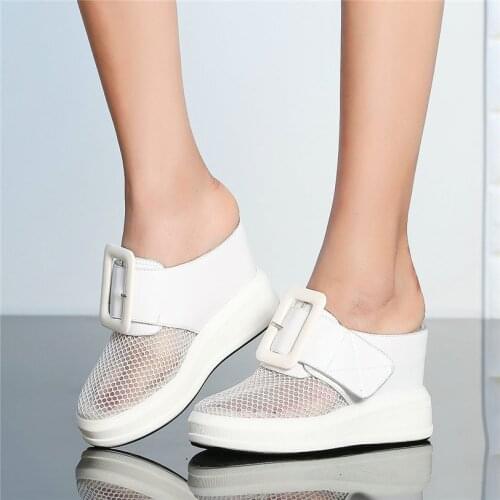 Creepers Women Cow Leather Wedges Platform Slippers High Heel Pumps Round Toe Roman Sandals Summer Trainers Shoes Outdoor Slides