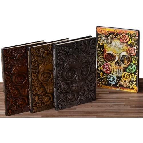 Vintage Thick Leather Carving Skull Bullet Notebook Journal Cute Sketchbook Paper Weekly Planner Book School Supplies 016057