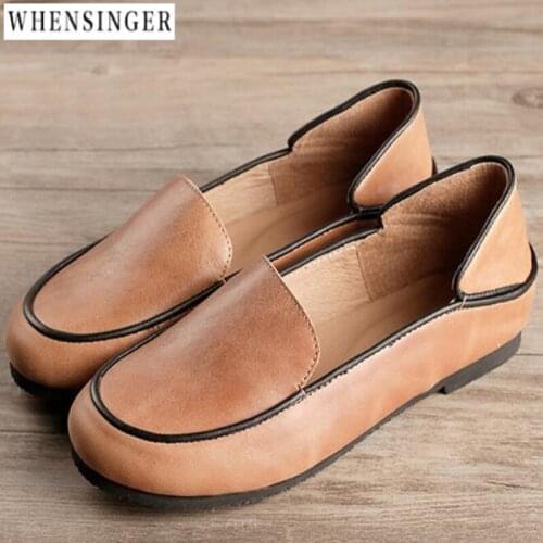 Whensinger - Women Flat Shoes loafers Genuine Leather Casual Colorblock Flats Shoe