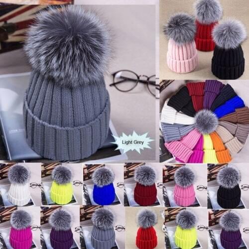 Women Girl Pom Pom Beanie Warm Knitted Bobble Kids Fur Pompom Hat Children Real Raccoon Fur Pompon Winter Hat Cap