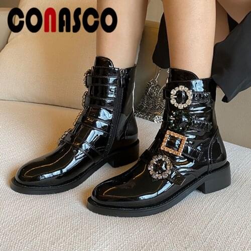 CONASCO 2021 Women Ankle Boots Autumn Winter Warm Genuine Leather Prom Shoes Rhinestone Metal Decoration Woman Boots