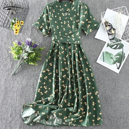 High Waist V-neck Women Dresses Plus Size Midi Dress French Lovely Summer Print Flare Short Sleeve Belt Chic Casual Dress 10231