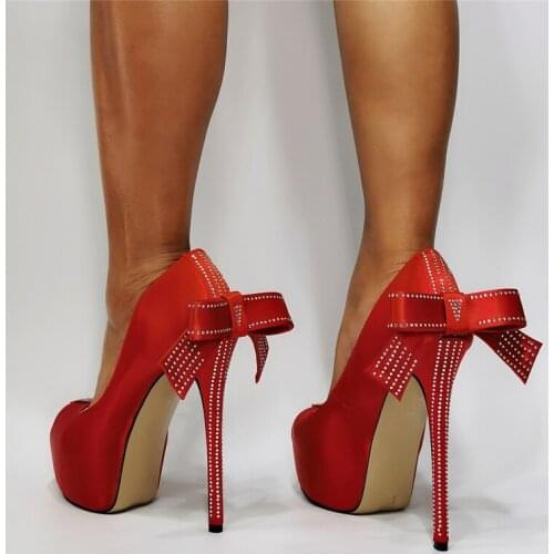 Woman Red Satin Silk Back Bow Wedding High Heels Platform Peep Toe Drilled Crystal Thin Heels Dress Heels Bowtie Party Shoe
