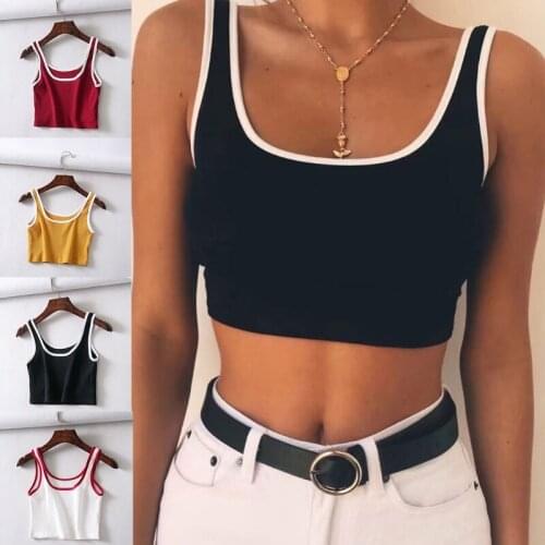 Women Summer Sleeveless Basic Crop Top Ribbed Knit Contrast Color Slim Vest Sexy Scoop Neck Backless Camis Shirt Blouse