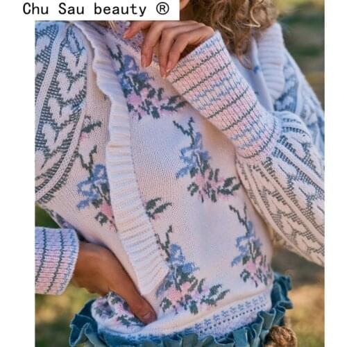 New Autumn Sweet Chic Flower Jacquard Knitted Pullover Sweater Women Fall Fashion Sweaters Female O-neck Long Sleeve Jumpers
