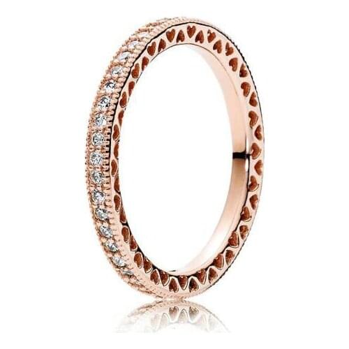 925 Sterling Silver Pan Ring Rose Gold Stackable Hearts With Crystal Ring For Women Wedding Gift Diy Fashion Jewelry