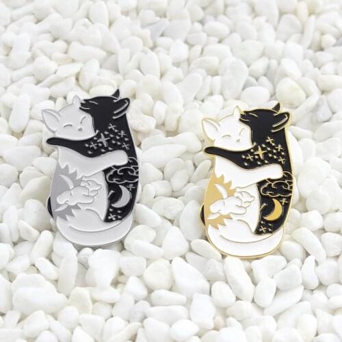 Cute day and night hugging cat enamel pin Black White Yin yang Cat pin Galaxy cat animal badge Couple gift