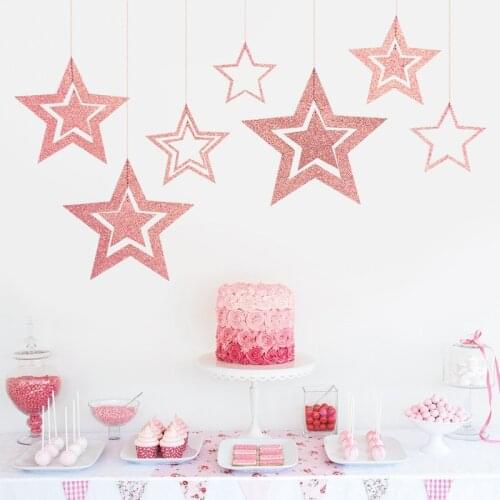 1set Rose Gold Hollow Star Paper Garlands Banner Hanging for Wedding Christmas Decorations Kids Birthday Party Supplies Baby