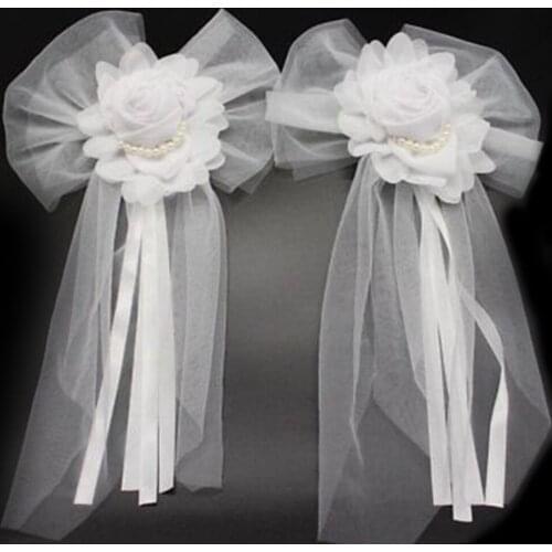 1PC Bow Linen Lace Pearl Bud Silk Ribbon Flower for Wedding Party Decoration Bridal Car Wedding Chair