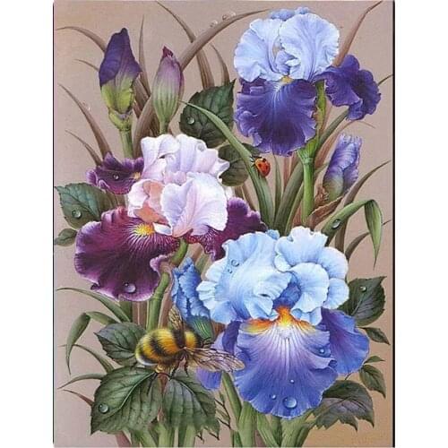 Full 5D Diy Daimond mosaic Flowers Bee 3D Diamond Painting Round Rhinestones Diamant Painting Embroidery iris purple