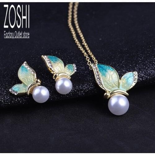 Bohemian Butterfly Necklaces For Women Gold Chain Simulated Pearl Stud Earrings Enamel Drop Necklace Sets Winter New Jewelry Set