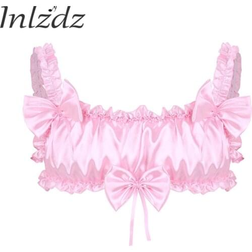Mens Lingerie Sissy Bra Satin Gay Bra Top Ruffled Frilly Backless Tank Top Gay Push Up Hot Bra Erotic Sex Costume Intimates Bra
