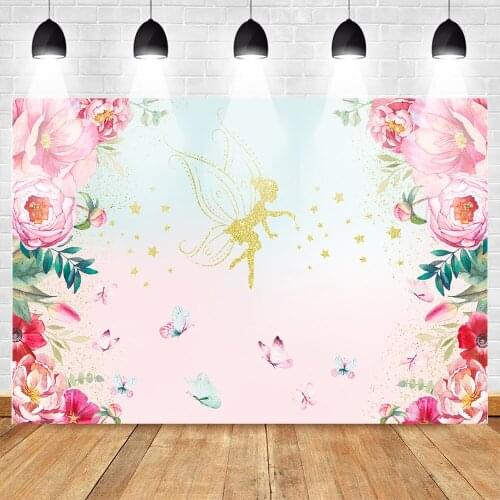 Floral Gold Wings Princess Photo Background Angle Girls Birthday Party Decoration Backdrop Butterfly Pink Flowers Photo Booth