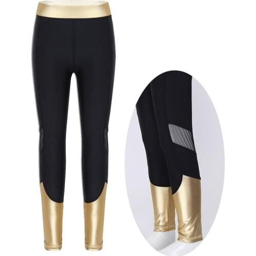 Kids Girl Stretchy Pants Metallic Elastic Waist Sports Pants Mesh Splice Leggings for Girl Children Running Yoga Workout Trouser