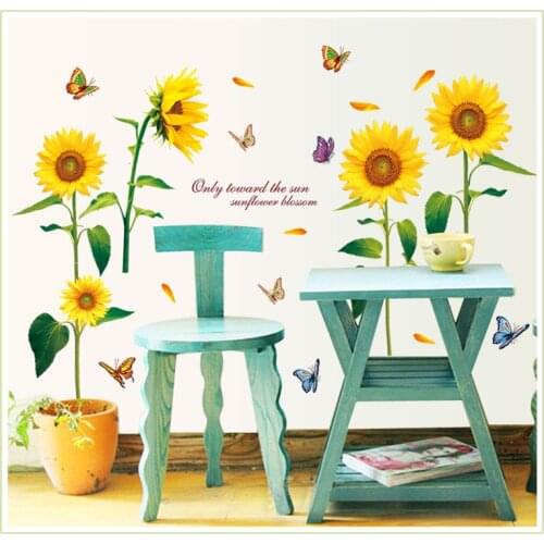 Hot Sale DIY 3D Wall Art Fly in the Blooming Sunflower Flowers Wall Sticker Nature Wall Posters Adesivo De Parede