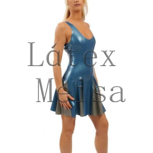 Made of 100% natural & real strap shoulder tight custom tailored latex dress Fetish in metallic blue color