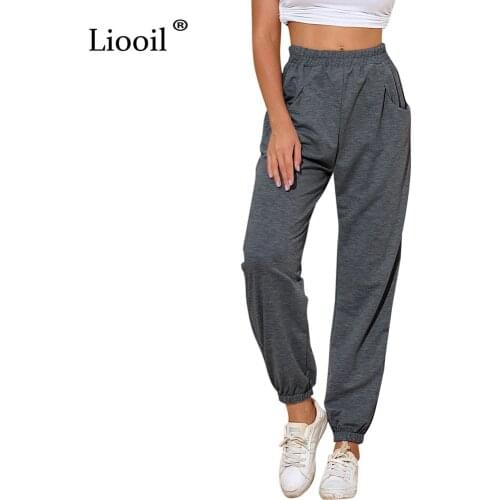 Liooil Black Gray High Waist Baggy Sweatpants Sexy Trousers With Pockets 2021 Streetwear Casual Loose Joggers Female Harem Pants