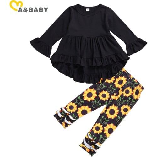 Ma&Baby 1-6Y Autumn Toddler Kid Girls Flower Clothes Set Black Ruffles Tunic T shirt Top Sunflower Pants Outfits