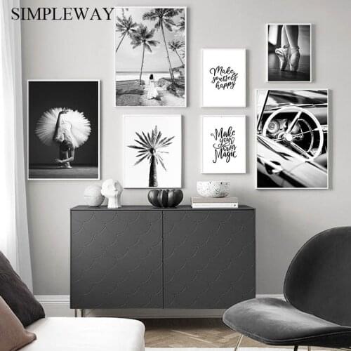 Black White Fashion Poster Ballet Girl Canvas Wall Print Palm Tree Wall Painting Vintage Creative Picture Modern Home Room Decor
