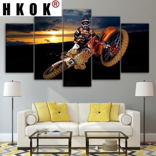 HKOK Living Room Wall Art Home Decoration HD Pictures Printed 5 Pcs Action Motocross Modern Painting On Canvas Posters NO Frame