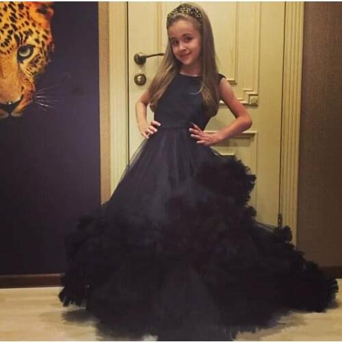 New Black Cloud Tulle Flower Girl Dresses for Weddings Jewel Neck Sleeveless Kids Birthday Party Dress Girls Pageant Gowns