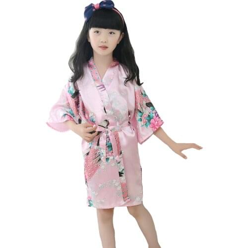Pajamas for Girls Kimono Traditional Print Peacock Thin Loose Night Gown Kids Japan Style Robes (Pink)