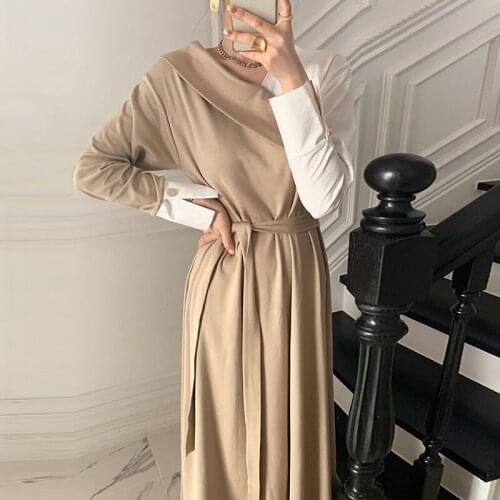 Long Sleeve Over Knee Lace Up A-Line Dress 2021 Spring Female New Loose Casual V-Neck Patchwork Panelled Khaki
