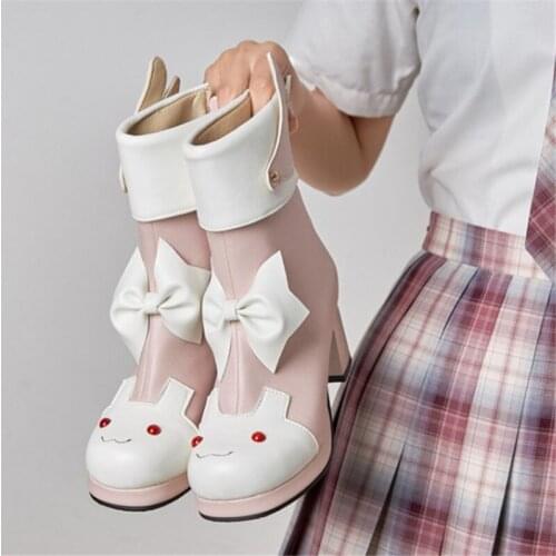 PXELENA Designer Lovely Animal Butterfly-knot Women Cosplay Lolita Ankle Boots Block High Heels Uniform Student Shoes Plus Size