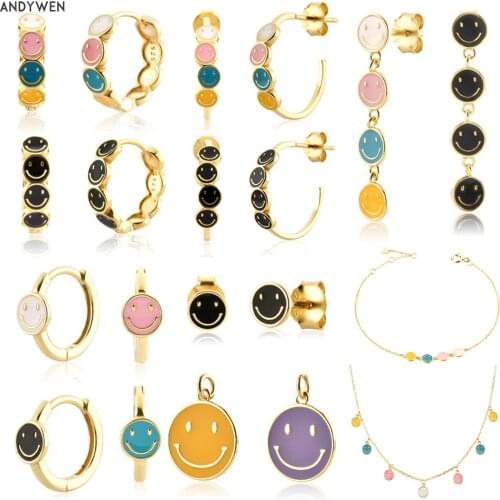 ANDYWEN 925 Sterling Silver Happy Mood Smiley Charm Huggies Stud Earring Drop Piercing Bracelet Ring Necklace Choker Jewelry Set