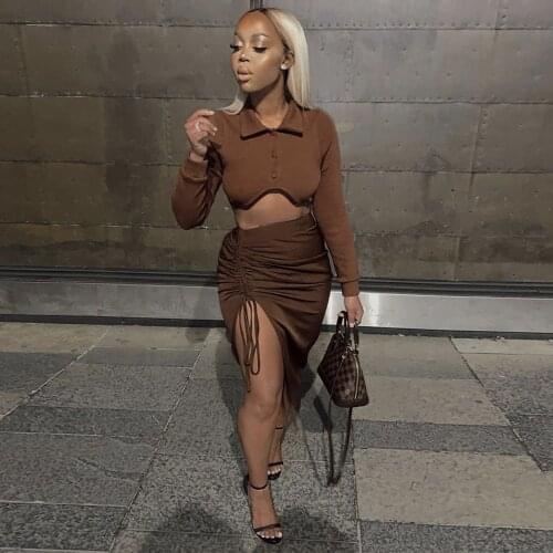 Ruched Drawstring Sexy Two Piece Dress Set Womens Outfits Polo-neck Full Sleeve Crop Top and Side Split Midi Skirt Sweatsuit