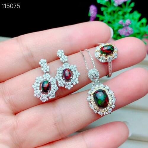 Wedding Best Gift Black Opal jewelry set Natural Real Black Opal 925 sterling silver 1pc pendant,1pc ring,2pcs Earring