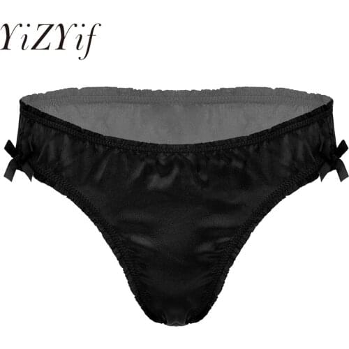 Mens Lingerie Sissy Panties Frilly Low Waist Satin Briefs Bowknot Decor Elastic Waistband Underpants Sissy Underwear Nightwear