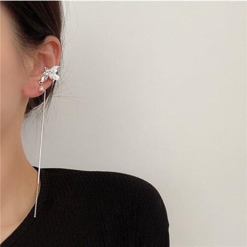 U-Magical Unusual Freshwater Pearl Silver Color Metal Flower Long Tassel Clip Earrings for Women Long Chain Earrings Jewelry