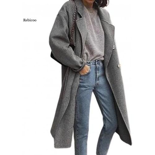 New Elegant and Fashionable Womens Windbreaker Lapel Long-sleeved Double-breasted Loose Woolen Coat Women Korean Style
